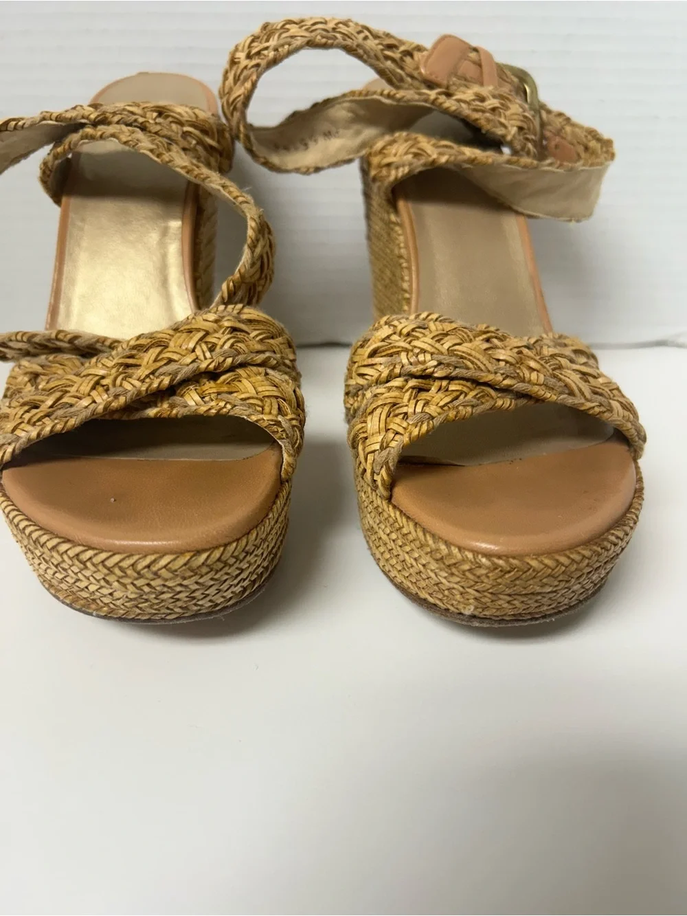 Stuart Weitzman Raffia Braided Wedge Camel Sandals BoHo Sophisticate 7.5M